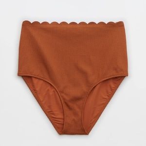 Aerie Waffle Scalloped High Waisted Bikini Bottom Jupiter Brown Swimsuit XXS